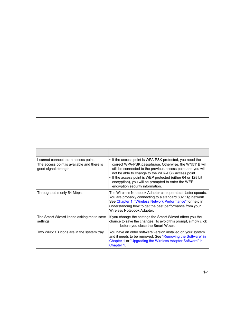 Chapter 1 troubleshooting, Troubleshooting tips, Troubleshooting tips -1 | Chapter 1, “troubleshooting | NETGEAR RangeMax Next Wireless Notebook Adapter WN511T User Manual | Page 47 / 52