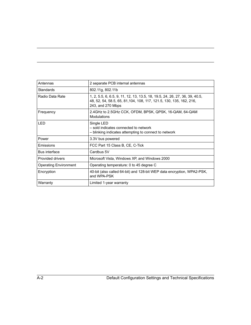 Technical specifications | NETGEAR RangeMax Next Wireless Notebook Adapter WN511T User Manual | Page 50 / 52