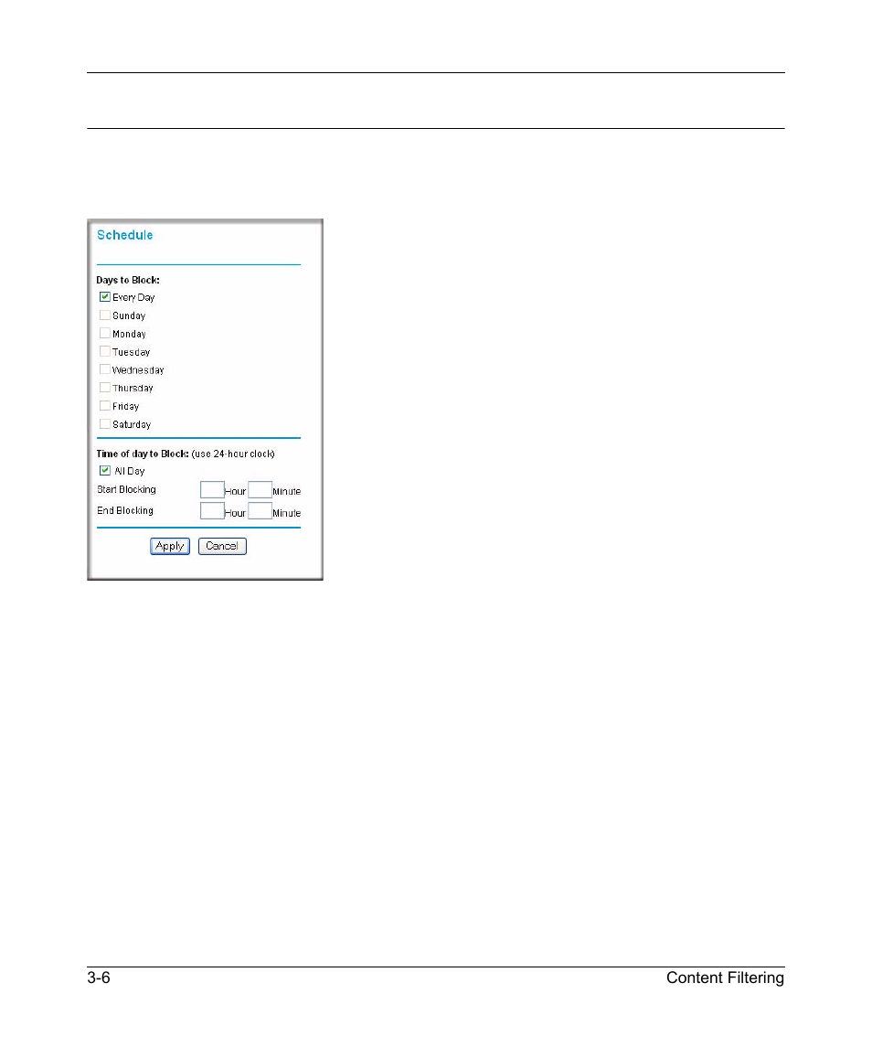 Scheduling when blocking will be enforced, Scheduling when blocking will be enforced -6 | NETGEAR KWGR614 User Manual | Page 40 / 94
