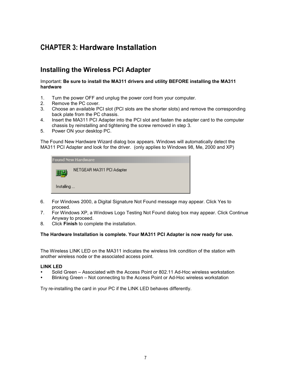 Chapter 3: hardware installation, Installing the wireless pci adapter | NETGEAR MA311 User Manual | Page 10 / 34