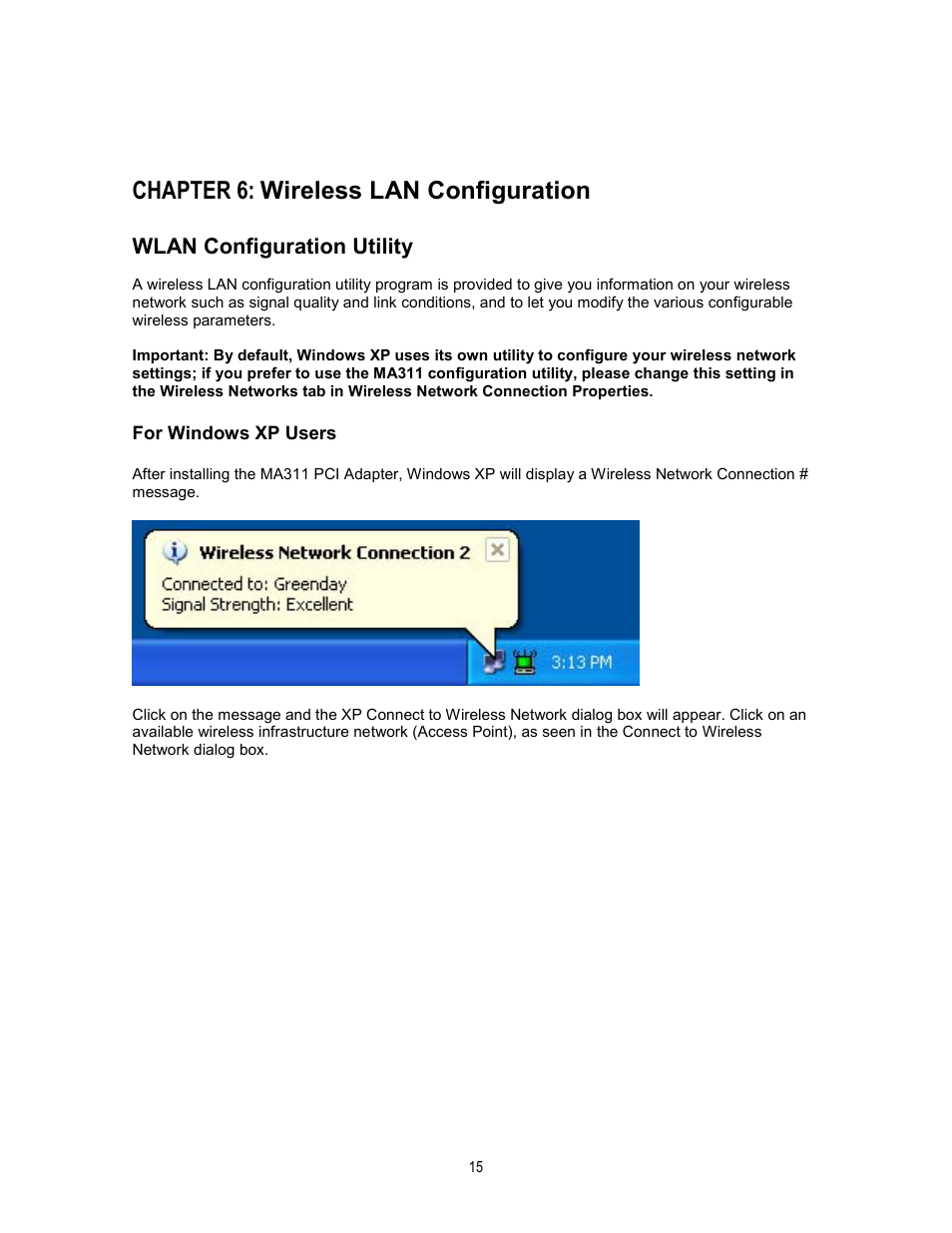 Chapter 6: wireless lan configuration, Wlan configuration utility | NETGEAR MA311 User Manual | Page 18 / 34