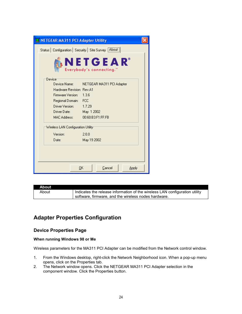 Adapter properties configuration | NETGEAR MA311 User Manual | Page 27 / 34