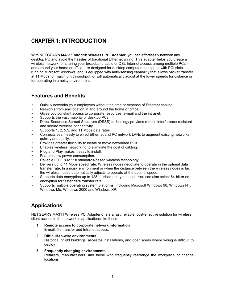 Chapter 1: introduction, Features and benefits, Applications | NETGEAR MA311 User Manual | Page 4 / 34