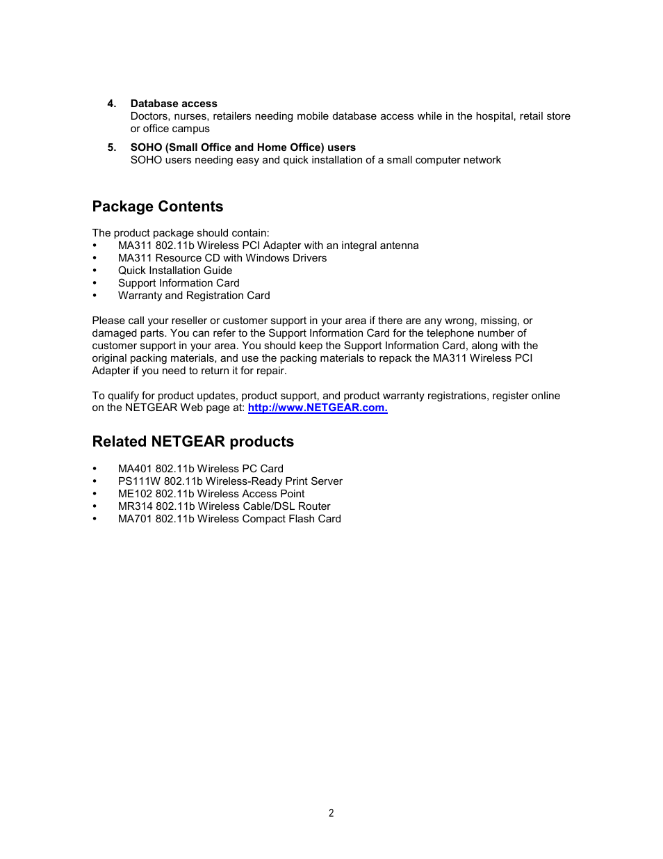 Package contents, Related netgear products | NETGEAR MA311 User Manual | Page 5 / 34