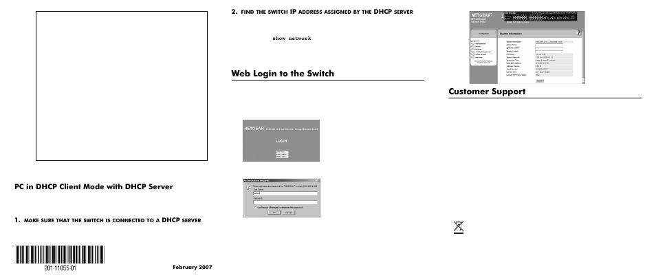 Web login to the switch, Customer support, Pc in dhcp client mode with dhcp server | Dhcp | NETGEAR 7300 User Manual | Page 2 / 2