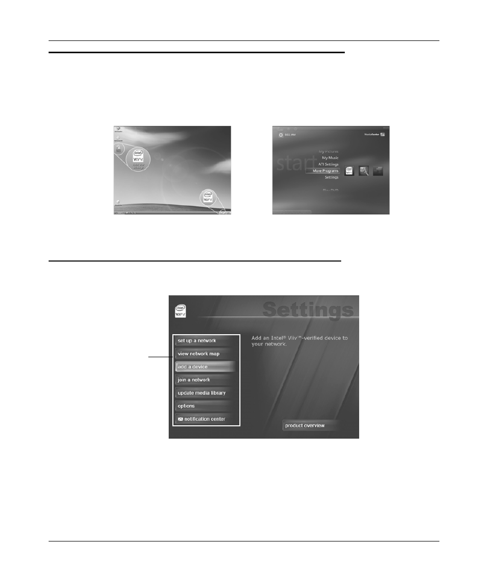 Navigating to the intel® viiv™ settings screen, Intel® viiv™ settings screen menu selections, Navigating to the intel® viiv™ settings screen -14 | Intel® viiv™ settings screen menu selections -14 | NETGEAR Digital Entertainer EVA700 User Manual | Page 36 / 62