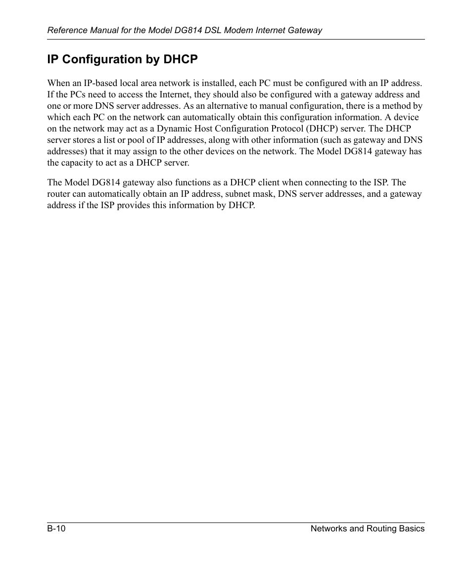 Ip configuration by dhcp, For an explanation of dhc | NETGEAR DSL Modem Internet Gateway DG814 User Manual | Page 100 / 110