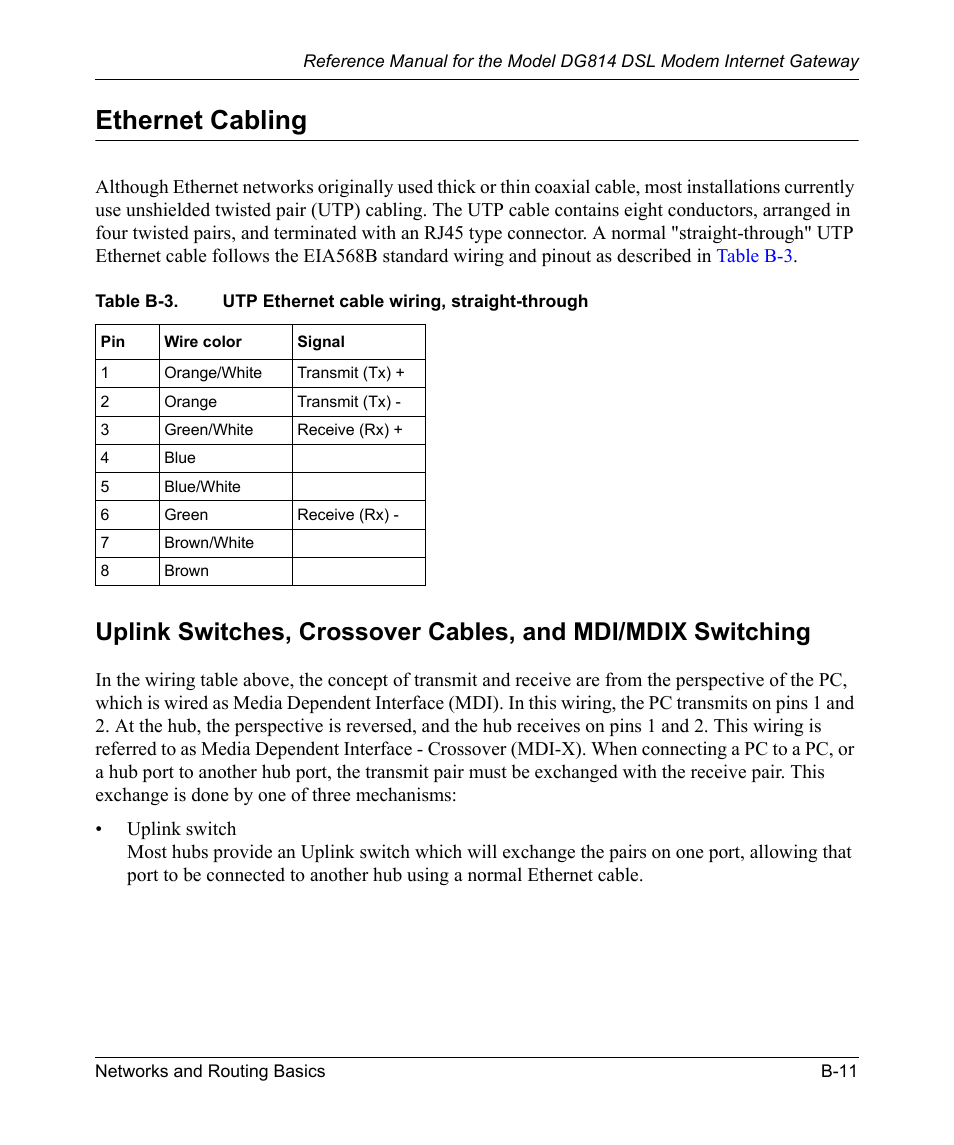 Ethernet cabling | NETGEAR DSL Modem Internet Gateway DG814 User Manual | Page 101 / 110