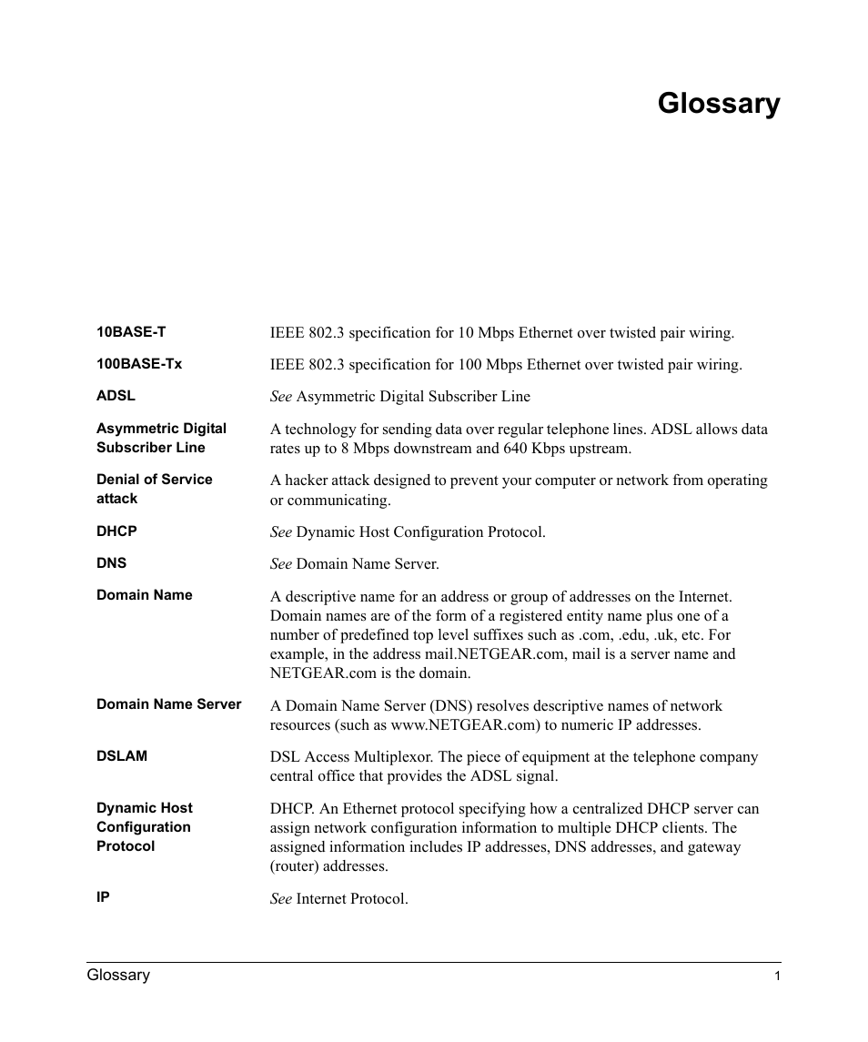 Glossary | NETGEAR DSL Modem Internet Gateway DG814 User Manual | Page 103 / 110