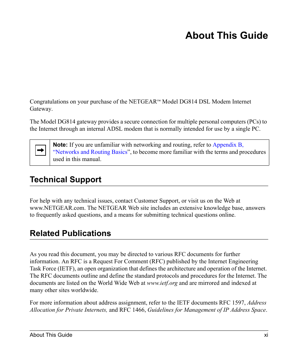 About this guide, Technical support, Related publications | Technical support -xi related publications -xi | NETGEAR DSL Modem Internet Gateway DG814 User Manual | Page 11 / 110
