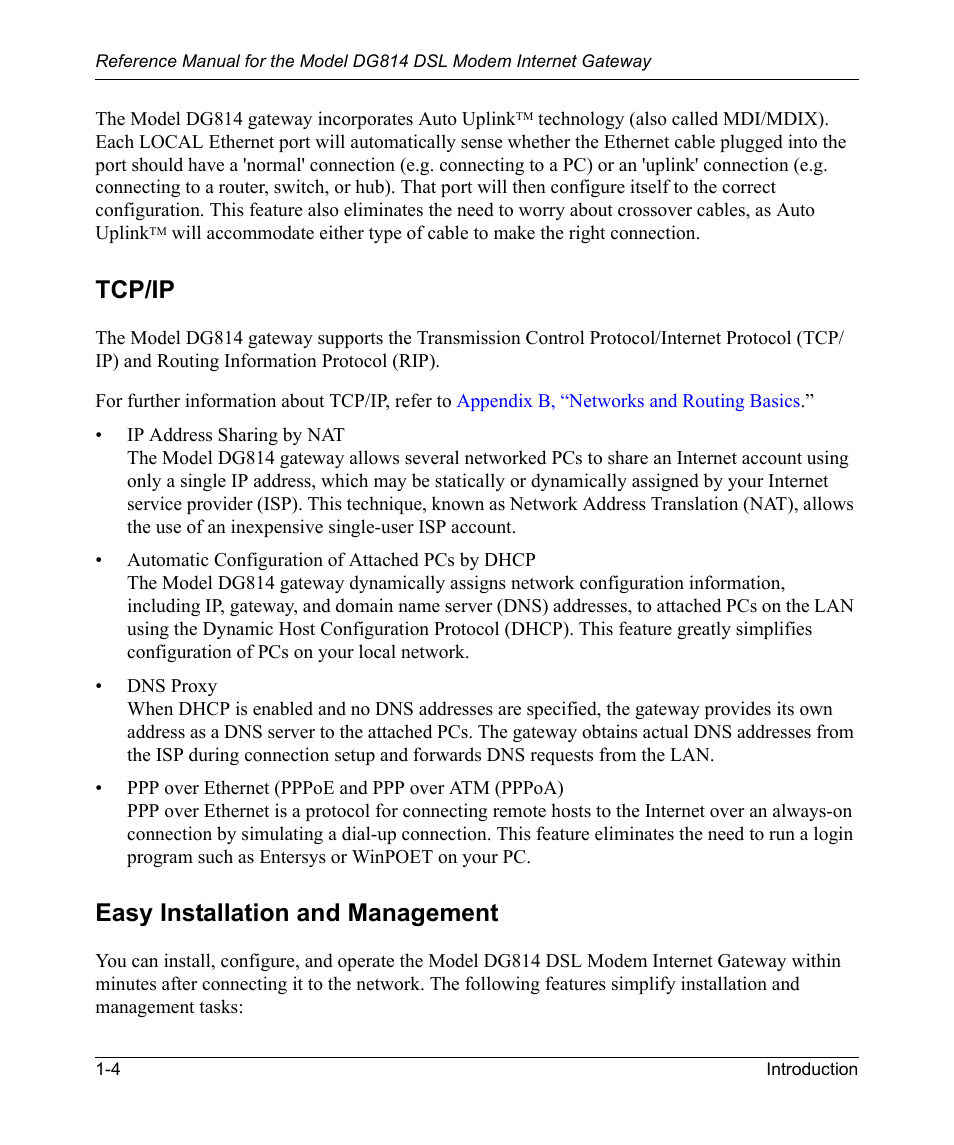 Tcp/ip, Easy installation and management, Tcp/ip -4 easy installation and management -4 | NETGEAR DSL Modem Internet Gateway DG814 User Manual | Page 18 / 110