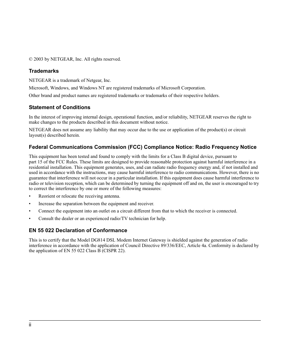 Trademarks, Statement of conditions, En 55 022 declaration of conformance | NETGEAR DSL Modem Internet Gateway DG814 User Manual | Page 2 / 110