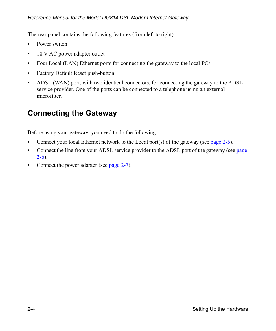 Connecting the gateway, Connecting the gateway -4 | NETGEAR DSL Modem Internet Gateway DG814 User Manual | Page 24 / 110