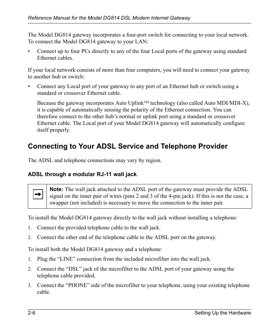 Adsl through a modular rj-11 wall jack, Adsl through a modular rj-11 wall jack -6 | NETGEAR DSL Modem Internet Gateway DG814 User Manual | Page 26 / 110