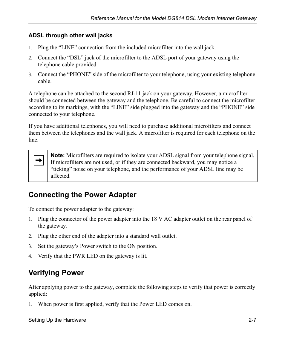 Adsl through other wall jacks, Connecting the power adapter, Verifying power | Adsl through other wall jacks -7, Connecting the power adapter -7, Verifying power -7 | NETGEAR DSL Modem Internet Gateway DG814 User Manual | Page 27 / 110