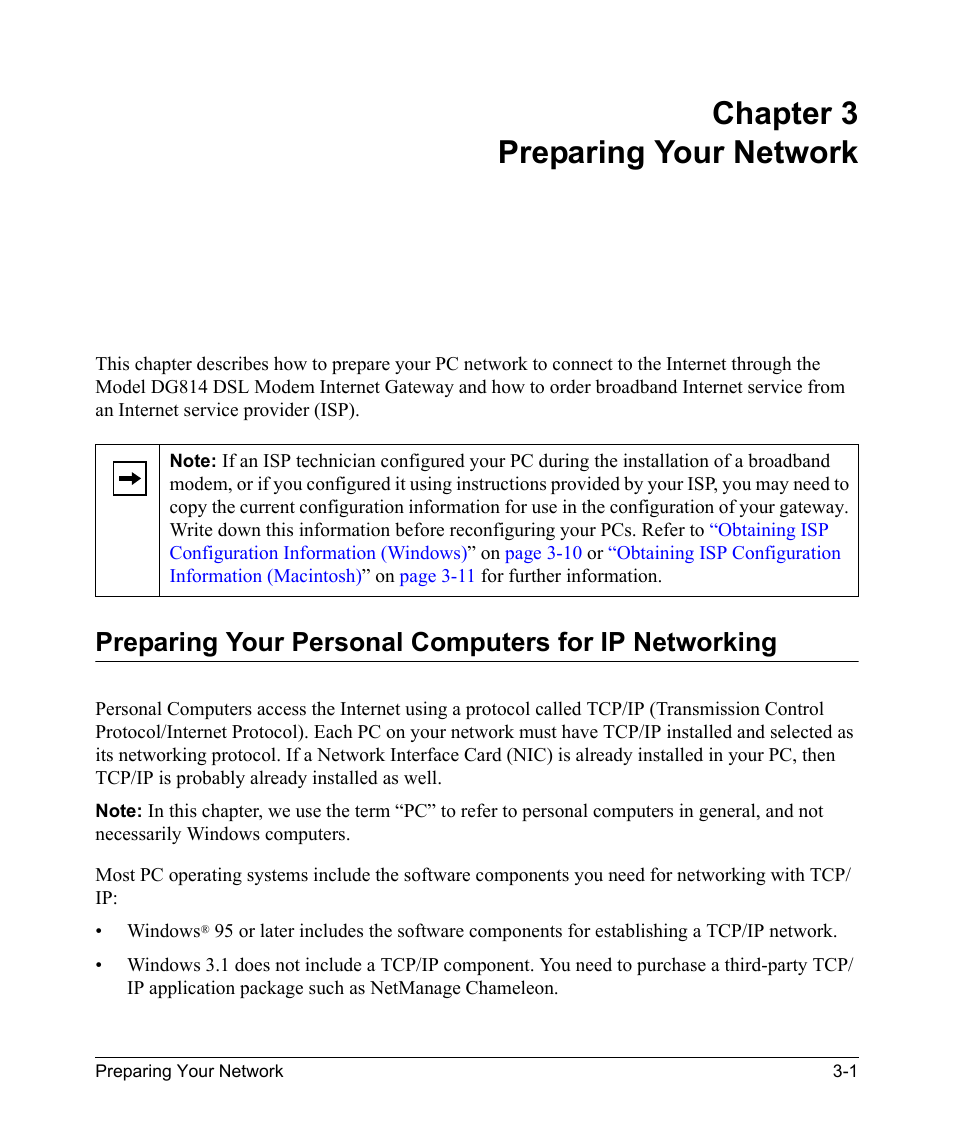 Chapter 3 preparing your network, Chapter 3, Preparing your network | NETGEAR DSL Modem Internet Gateway DG814 User Manual | Page 29 / 110