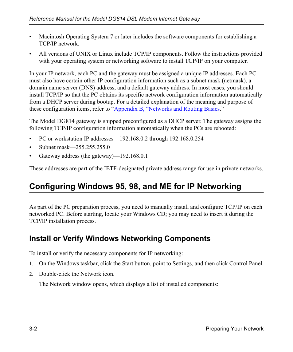 Install or verify windows networking components, Install or verify windows networking components -2 | NETGEAR DSL Modem Internet Gateway DG814 User Manual | Page 30 / 110