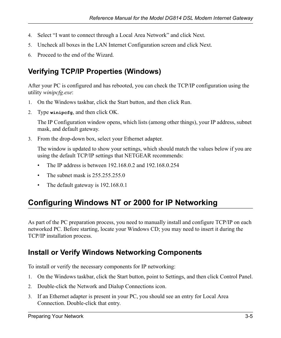 Verifying tcp/ip properties (windows), Configuring windows nt or 2000 for ip networking, Install or verify windows networking components | Verifying tcp/ip properties (windows) -5, Install or verify windows networking components -5 | NETGEAR DSL Modem Internet Gateway DG814 User Manual | Page 33 / 110