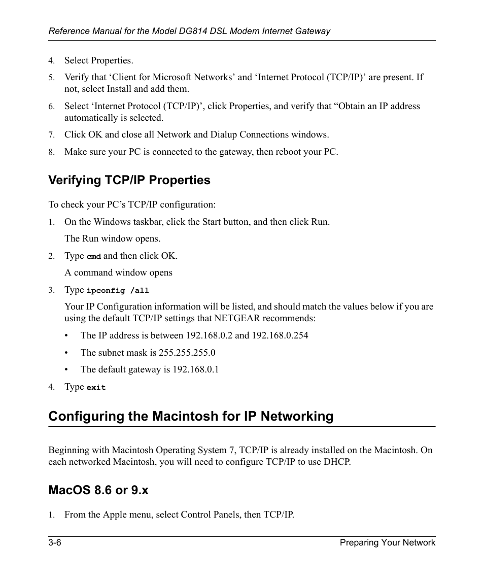 Verifying tcp/ip properties, Configuring the macintosh for ip networking, Macos 8.6 or 9.x | Verifying tcp/ip properties -6, Configuring the macintosh for ip networking -6, Macos 8.6 or 9.x -6 | NETGEAR DSL Modem Internet Gateway DG814 User Manual | Page 34 / 110