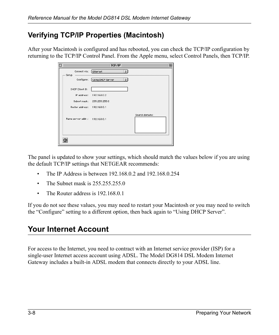 Verifying tcp/ip properties (macintosh), Your internet account, Verifying tcp/ip properties (macintosh) -8 | Your internet account -8 | NETGEAR DSL Modem Internet Gateway DG814 User Manual | Page 36 / 110