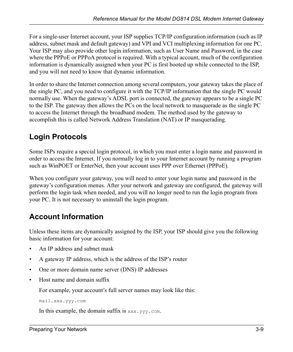 Login protocols, Account information, Login protocols -9 account information -9 | NETGEAR DSL Modem Internet Gateway DG814 User Manual | Page 37 / 110