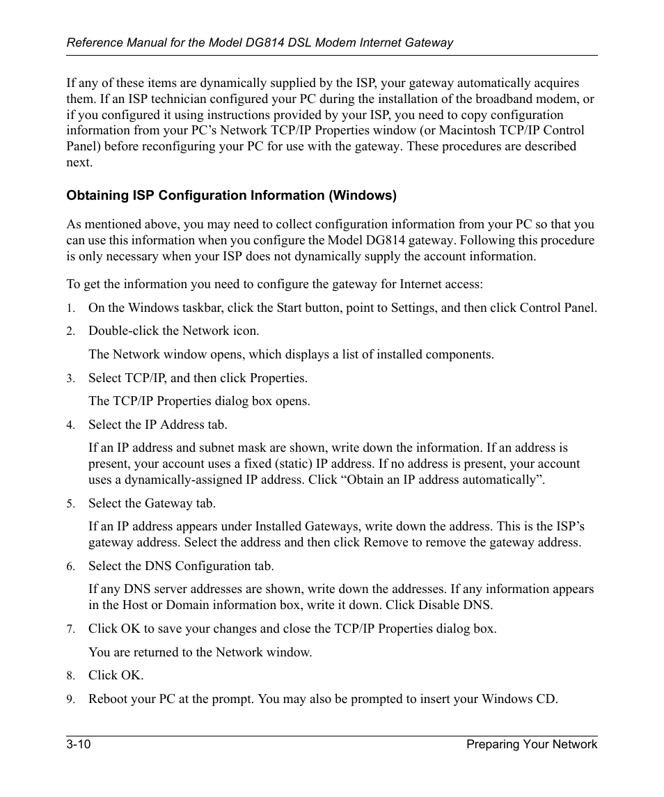 Obtaining isp configuration information (windows), Obtaining isp, Configuration information (windows) | NETGEAR DSL Modem Internet Gateway DG814 User Manual | Page 38 / 110