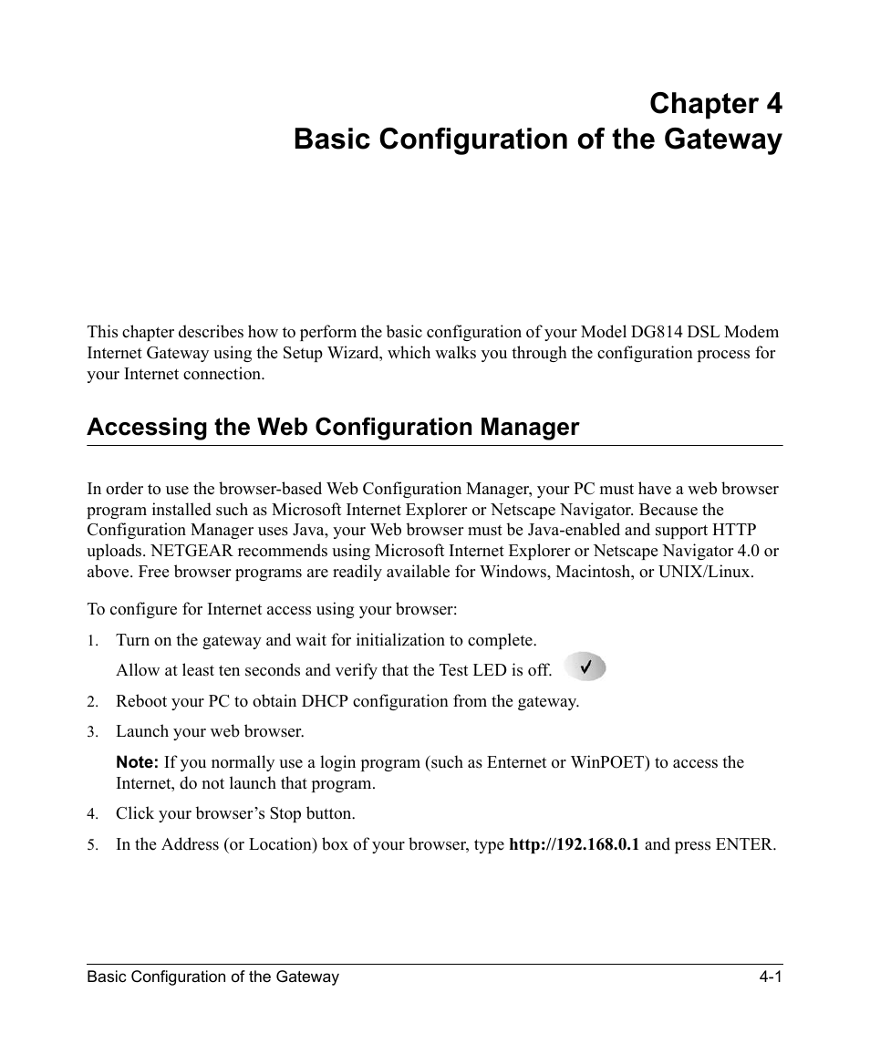 Chapter 4 basic configuration of the gateway, Accessing the web configuration manager, Chapter 4 | Basic configuration of the gateway, Accessing the web configuration manager -1 | NETGEAR DSL Modem Internet Gateway DG814 User Manual | Page 41 / 110