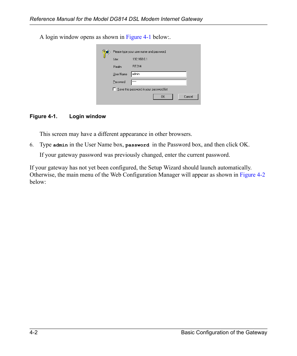Figure 4-1, Login window -2 | NETGEAR DSL Modem Internet Gateway DG814 User Manual | Page 42 / 110
