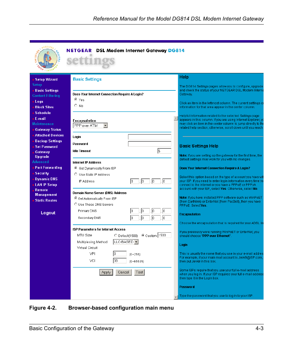 Figure 4-2, Browser-based configuration main menu -3 | NETGEAR DSL Modem Internet Gateway DG814 User Manual | Page 43 / 110