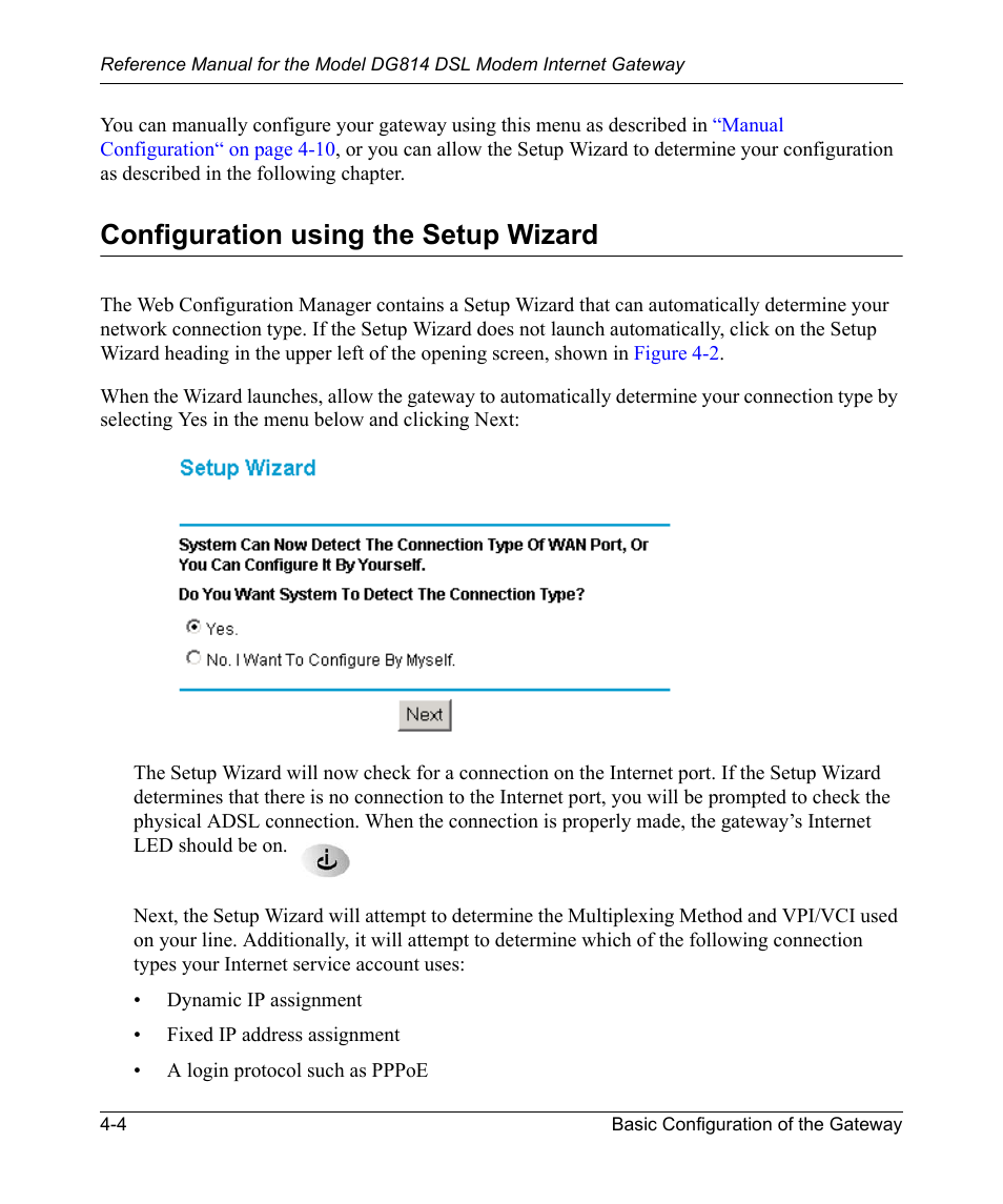 Configuration using the setup wizard, Configuration using the setup wizard -4 | NETGEAR DSL Modem Internet Gateway DG814 User Manual | Page 44 / 110