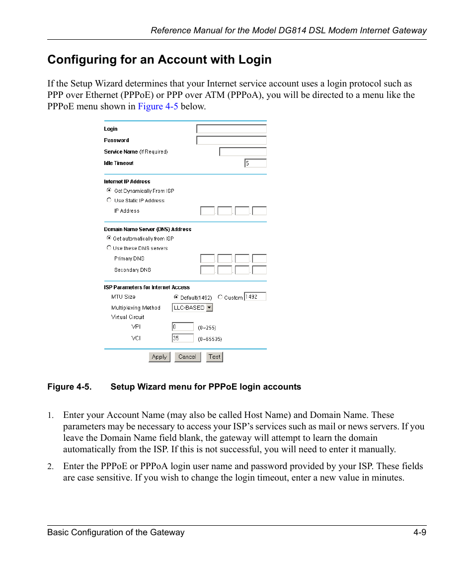 Configuring for an account with login, Configuring for an account with login -9, Figure 4-5 | Setup wizard menu for pppoe login accounts -9 | NETGEAR DSL Modem Internet Gateway DG814 User Manual | Page 49 / 110