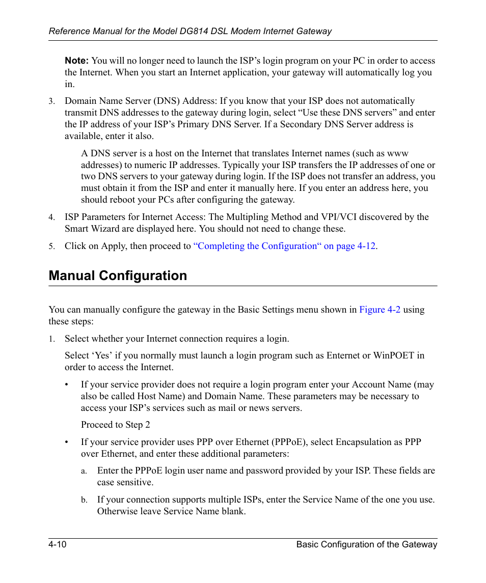 Manual configuration, Manual configuration -10, D in | Manual, Or you can allow the setup w | NETGEAR DSL Modem Internet Gateway DG814 User Manual | Page 50 / 110