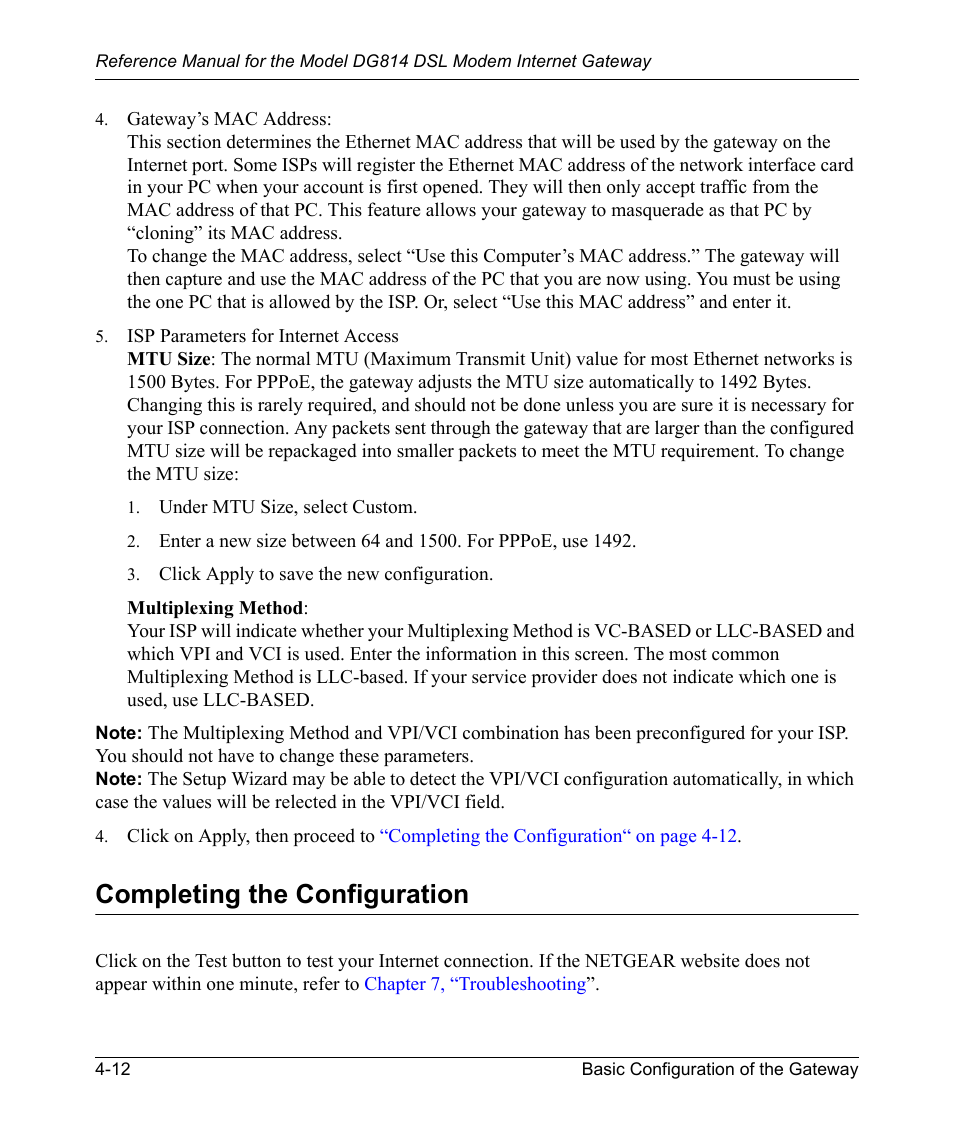 Completing the configuration, Completing the configuration -12 | NETGEAR DSL Modem Internet Gateway DG814 User Manual | Page 52 / 110