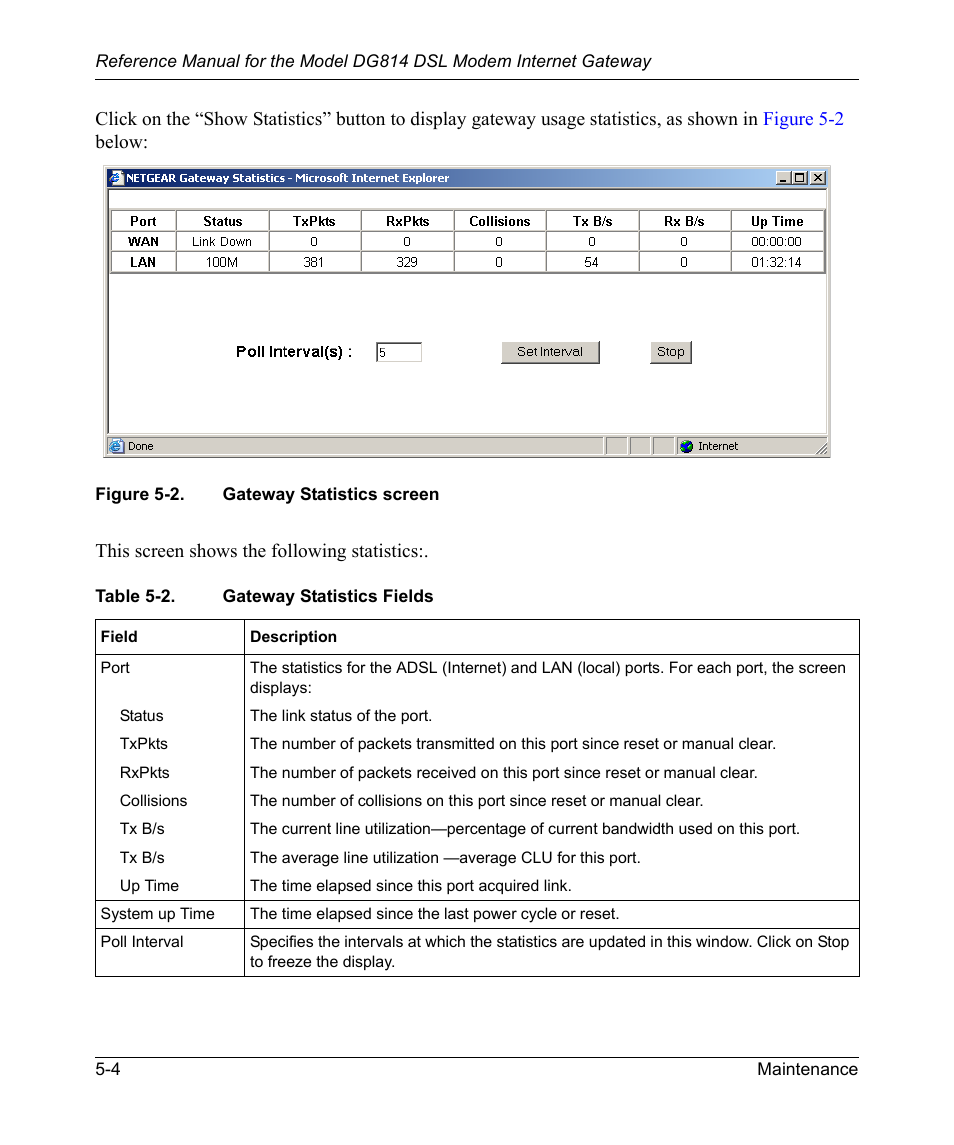 Table 52. gateway statistics fields, Figure 5-2, Gateway statistics screen -4 | NETGEAR DSL Modem Internet Gateway DG814 User Manual | Page 58 / 110