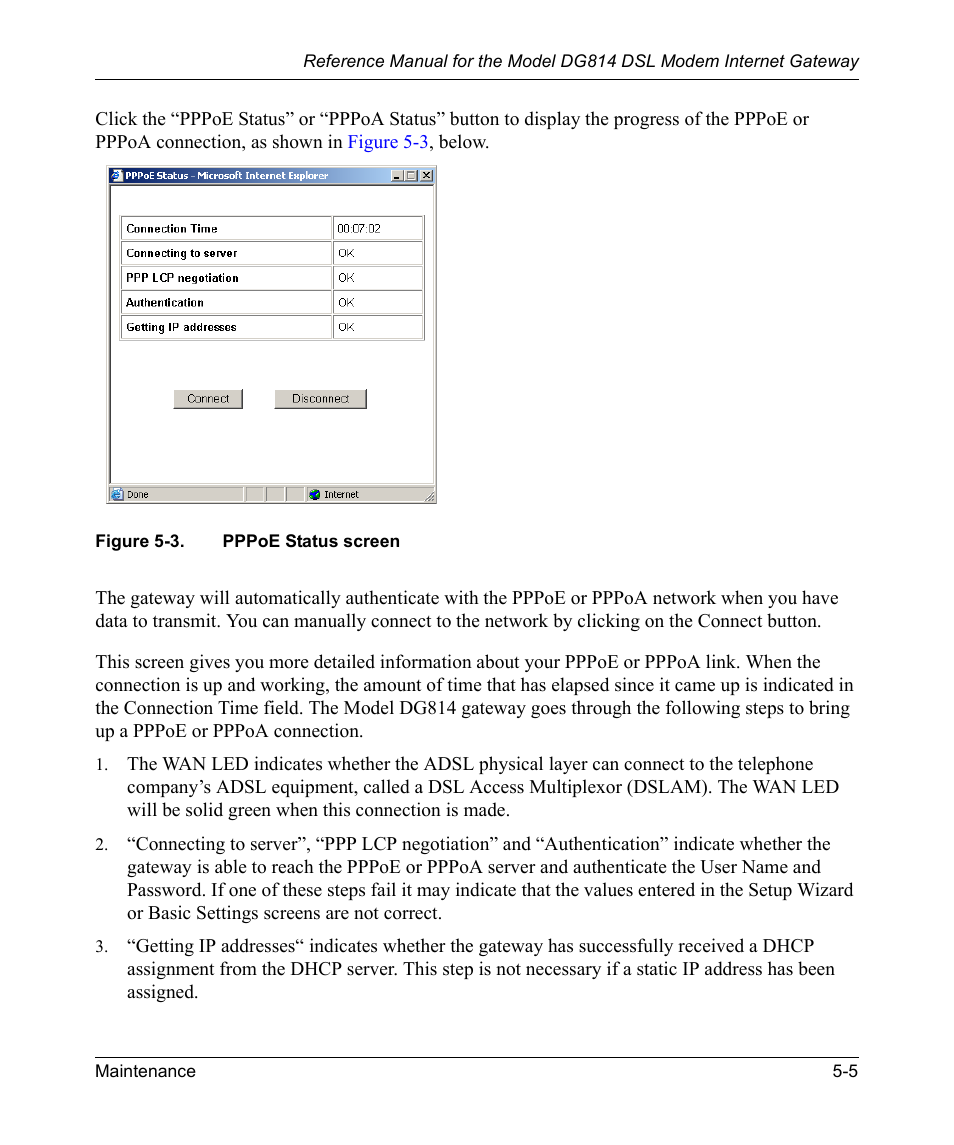 Figure 5-3, Pppoe status screen -5 | NETGEAR DSL Modem Internet Gateway DG814 User Manual | Page 59 / 110