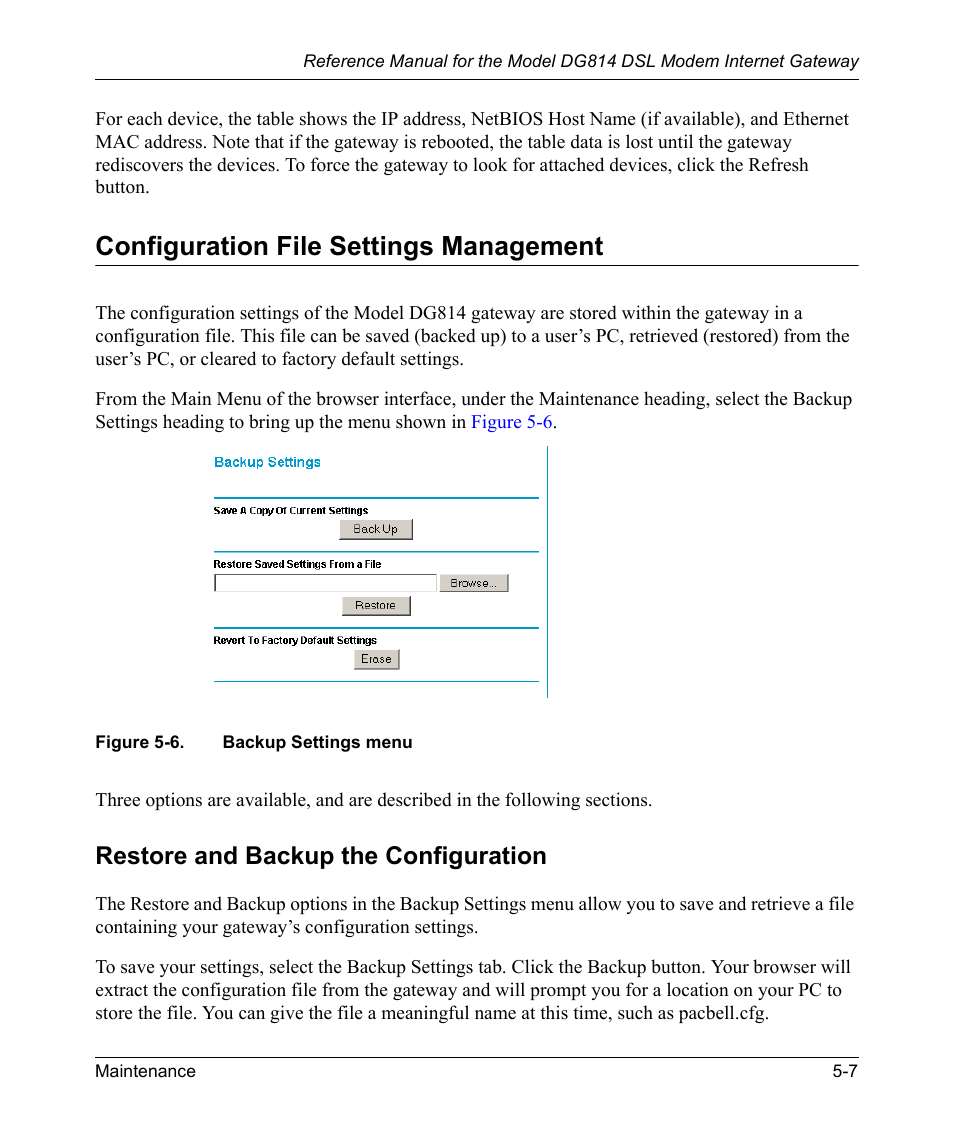 Configuration file settings management, Restore and backup the configuration, Configuration file settings management -7 | Restore and backup the configuration -7, Figure 5-6, Backup settings menu -7 | NETGEAR DSL Modem Internet Gateway DG814 User Manual | Page 61 / 110