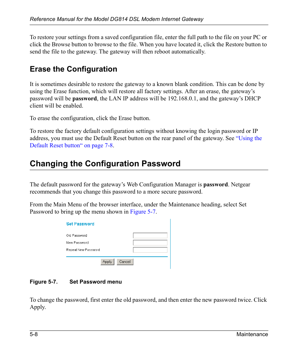 Erase the configuration, Changing the configuration password, Erase the configuration -8 | Changing the configuration password -8, Figure 5-7, Set password menu -8 | NETGEAR DSL Modem Internet Gateway DG814 User Manual | Page 62 / 110
