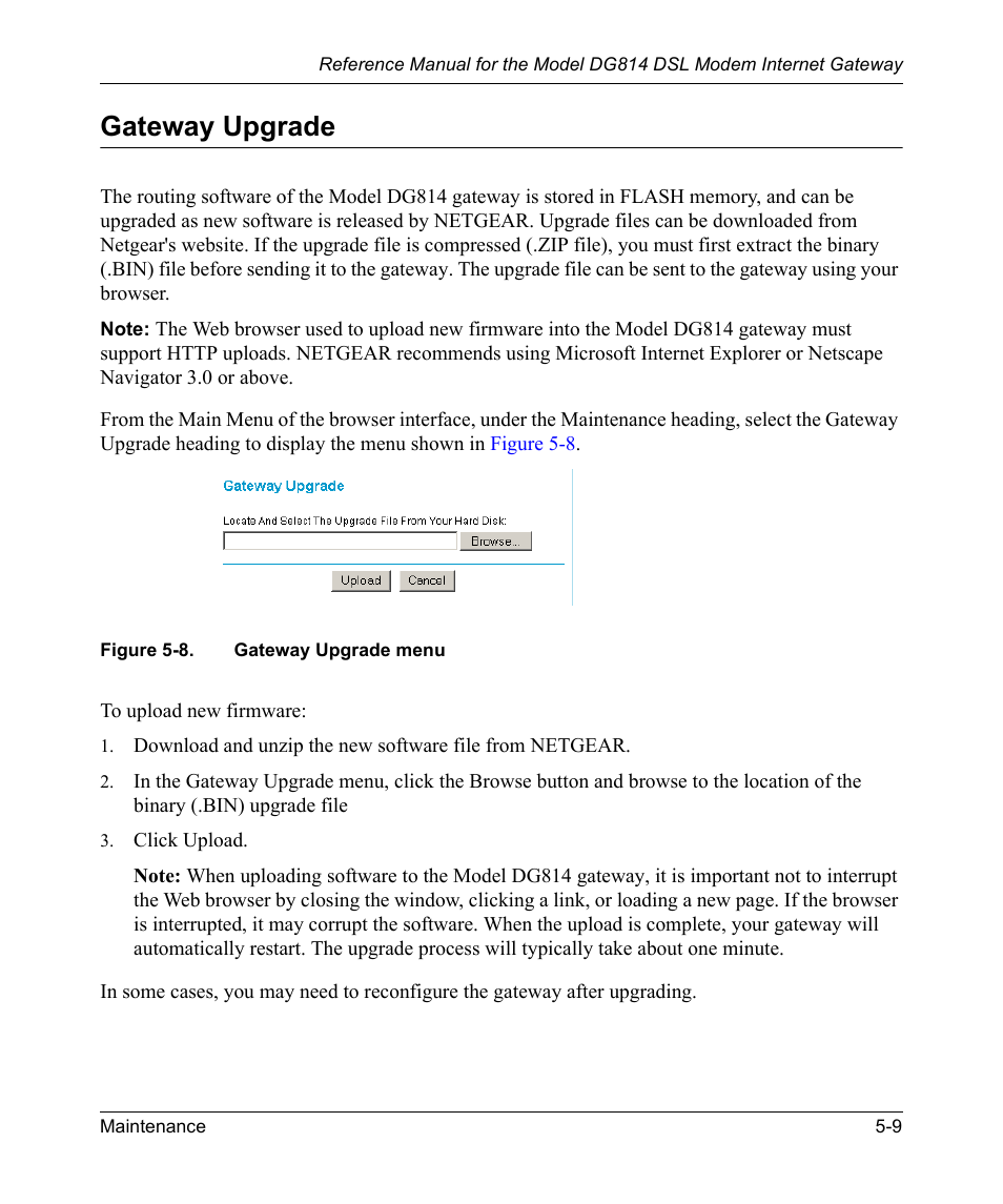 Gateway upgrade, Gateway upgrade -9, Figure 5-8 | Gateway upgrade menu -9 | NETGEAR DSL Modem Internet Gateway DG814 User Manual | Page 63 / 110