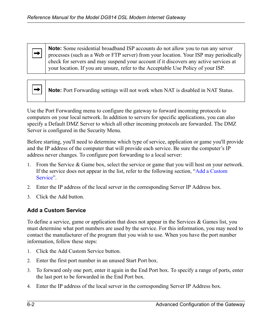 Add a custom service, Add a custom service -2 | NETGEAR DSL Modem Internet Gateway DG814 User Manual | Page 66 / 110