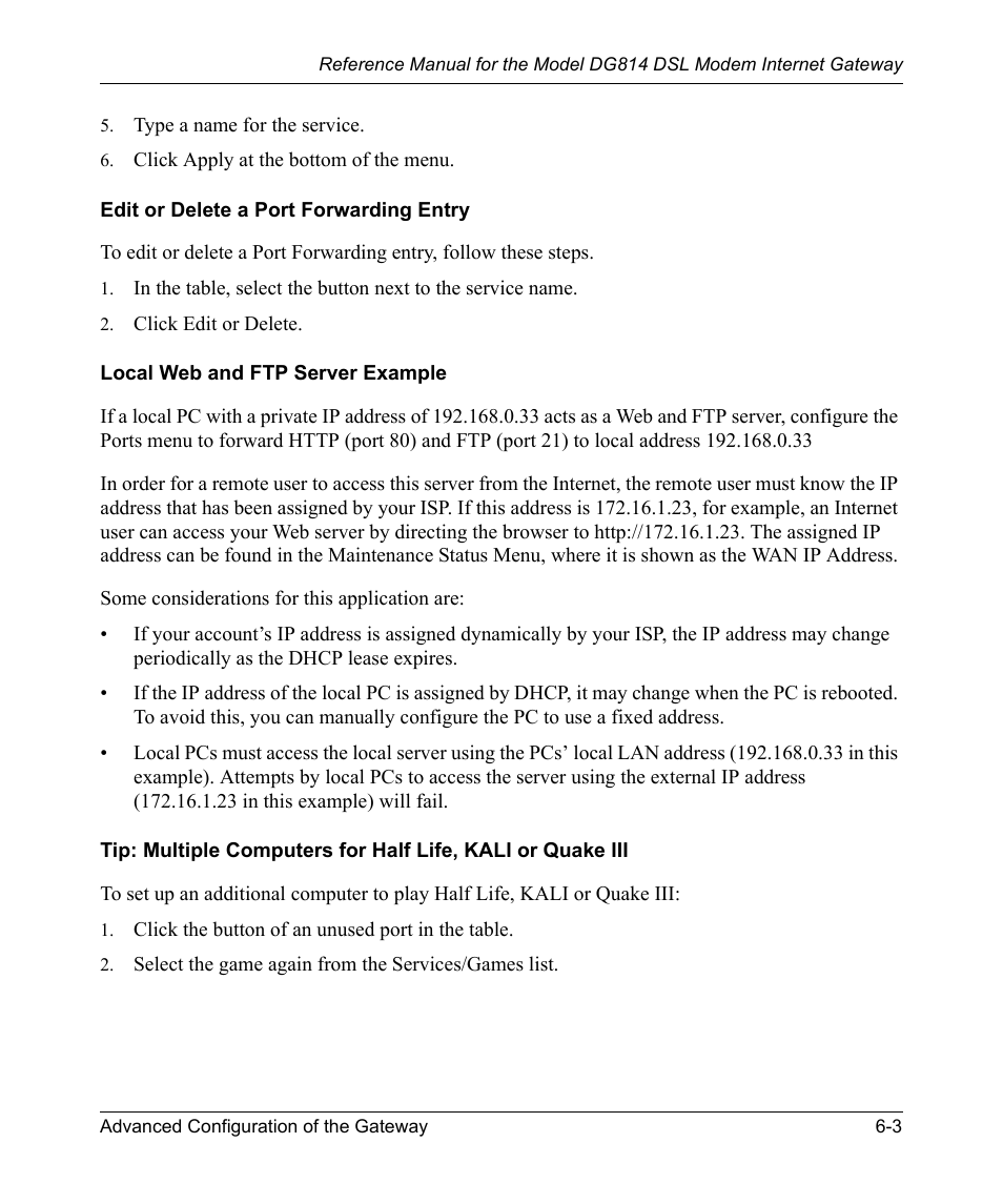 Edit or delete a port forwarding entry, Local web and ftp server example | NETGEAR DSL Modem Internet Gateway DG814 User Manual | Page 67 / 110