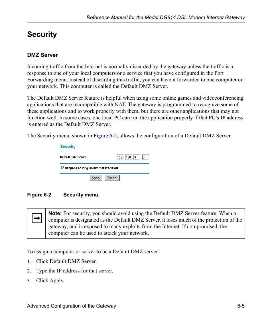 Security, Dmz server, Security -5 | Dmz server -5, Figure 6-2, Security menu -5 | NETGEAR DSL Modem Internet Gateway DG814 User Manual | Page 69 / 110