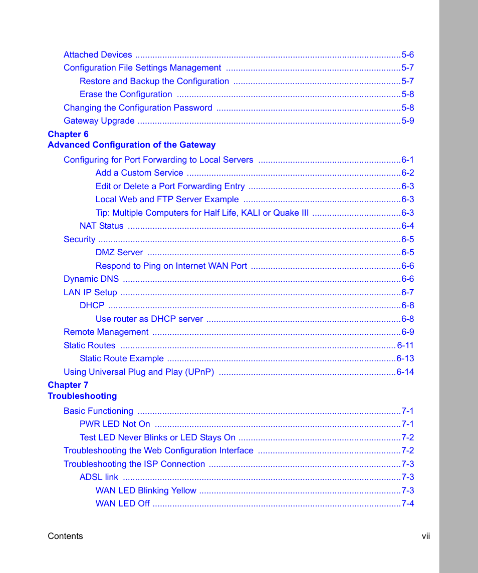 Chapter 6 advanced configuration of the gateway, Chapter 7 troubleshooting | NETGEAR DSL Modem Internet Gateway DG814 User Manual | Page 7 / 110