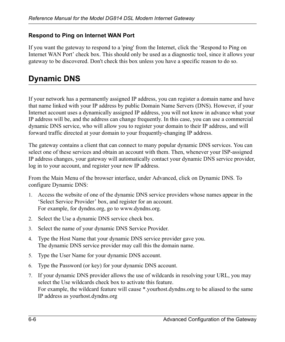 Respond to ping on internet wan port, Dynamic dns, Respond to ping on internet wan port -6 | Dynamic dns -6 | NETGEAR DSL Modem Internet Gateway DG814 User Manual | Page 70 / 110