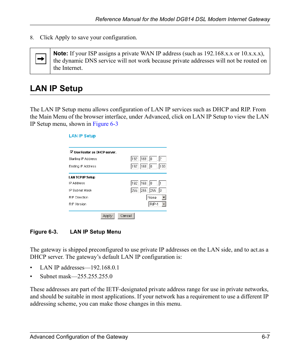 Lan ip setup, Lan ip setup -7, Figure 6-3 | Lan ip setup menu -7 | NETGEAR DSL Modem Internet Gateway DG814 User Manual | Page 71 / 110