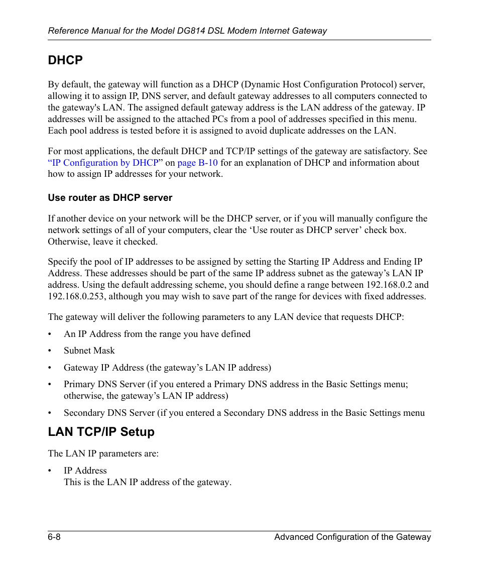 Dhcp, Use router as dhcp server, Dhcp -8 | Use router as dhcp server -8, Lan tcp/ip setup | NETGEAR DSL Modem Internet Gateway DG814 User Manual | Page 72 / 110