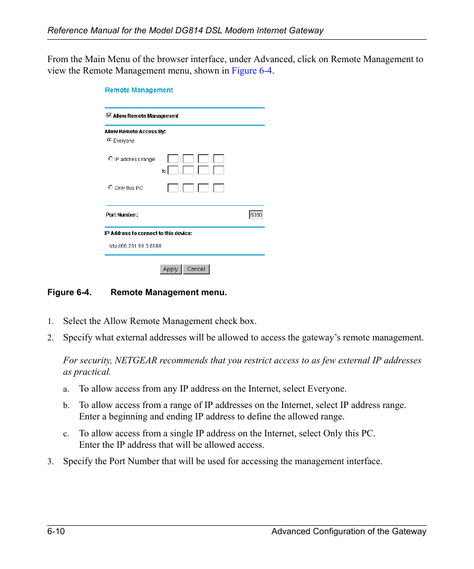 Figure 6-4, Remote management menu -10 | NETGEAR DSL Modem Internet Gateway DG814 User Manual | Page 74 / 110
