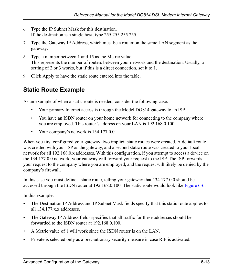 Static route example, Static route example -13 | NETGEAR DSL Modem Internet Gateway DG814 User Manual | Page 77 / 110