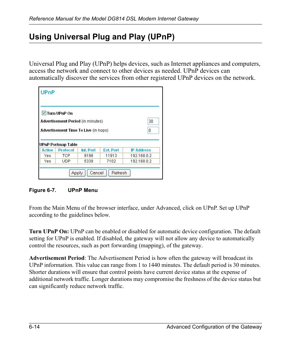 Using universal plug and play (upnp), Using universal plug and play (upnp) -14, Figure 6-7 | Upnp menu -14 | NETGEAR DSL Modem Internet Gateway DG814 User Manual | Page 78 / 110