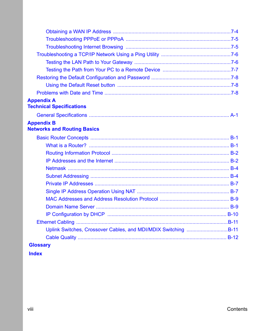 Appendix a technical specifications, Appendix b networks and routing basics, Glossary | Index | NETGEAR DSL Modem Internet Gateway DG814 User Manual | Page 8 / 110