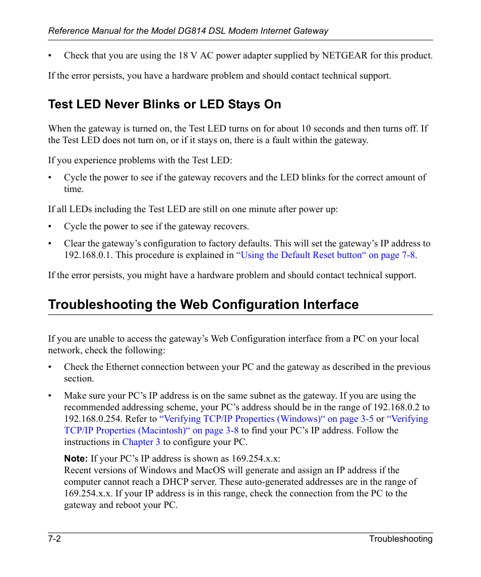 Test led never blinks or led stays on, Troubleshooting the web configuration interface, Test led never blinks or led stays on -2 | Troubleshooting the web configuration interface -2 | NETGEAR DSL Modem Internet Gateway DG814 User Manual | Page 82 / 110